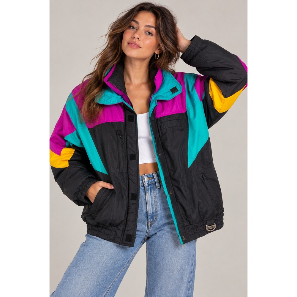 Retro Colorblock Ski Jacket XL 90s Streetwear Dopamine Maximalist Hot Music
